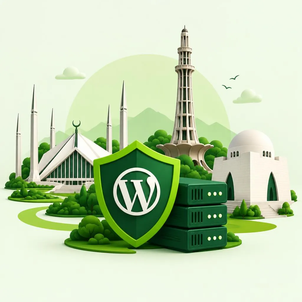 WordPress hosting in Pakistan: WordPress shield and servers beside the Faisal Mosque, Minar-e-Pakistan, and Mazar-e-Quaid